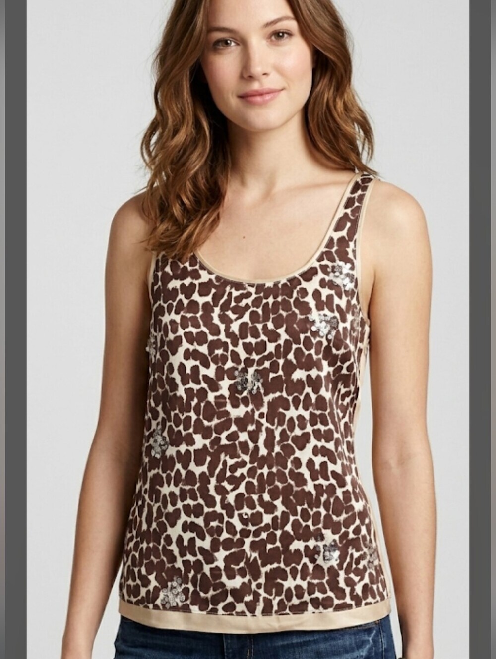 J. Crew 100% Silk Sequin Animal Print Tank Top Blouse Brown Cream Size 4